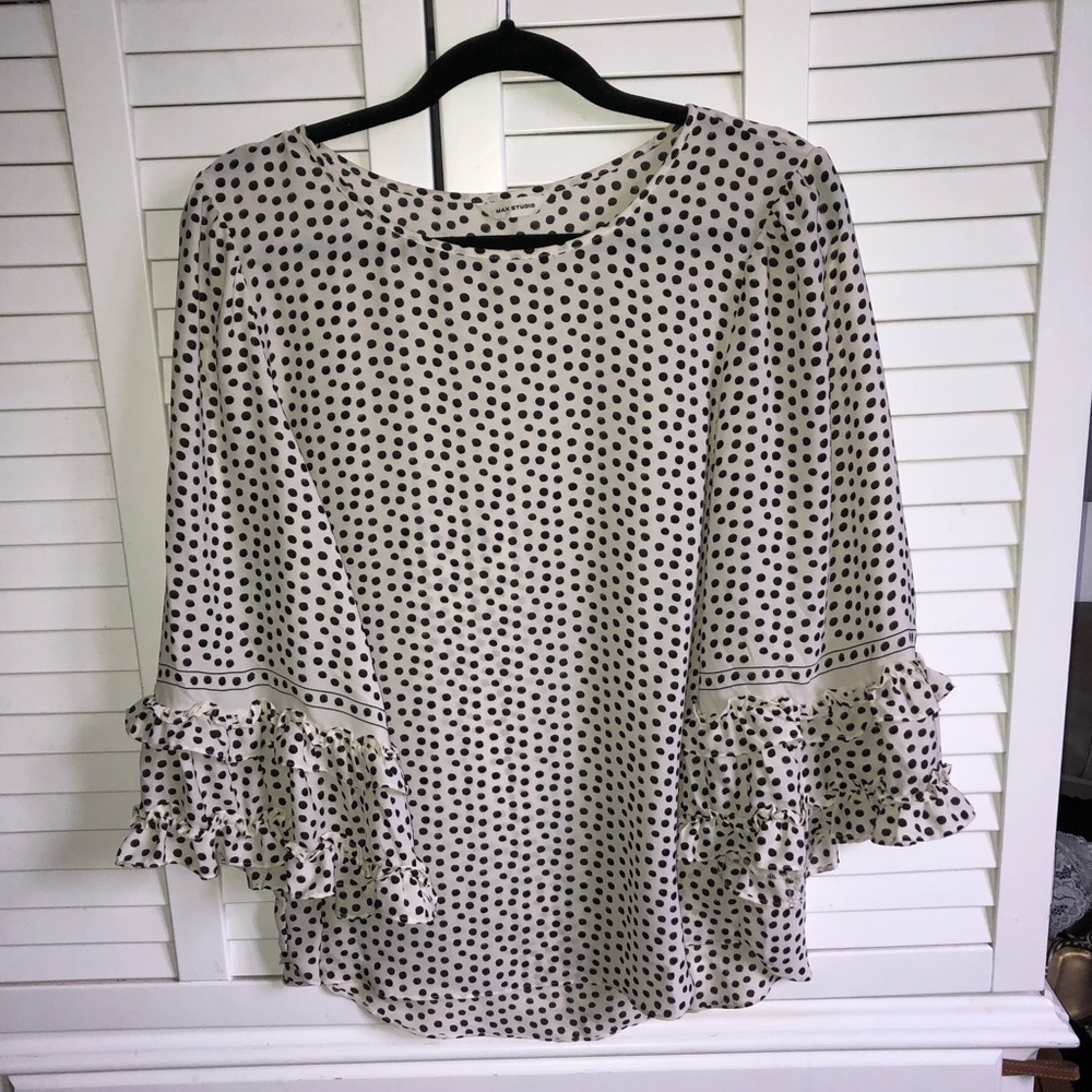 Cream and black polka dot blouse with bell sleeve